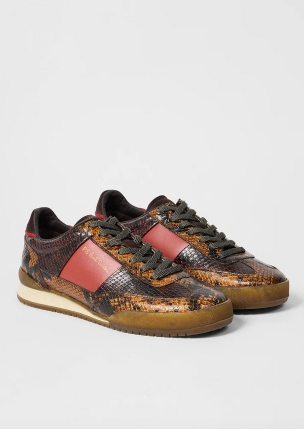Paul Smith Dover low-top trainers featuring a brown and black snakeskin pattern, a dusty rose pink side stripe, and dark brown laces available at The Shoe Gallery