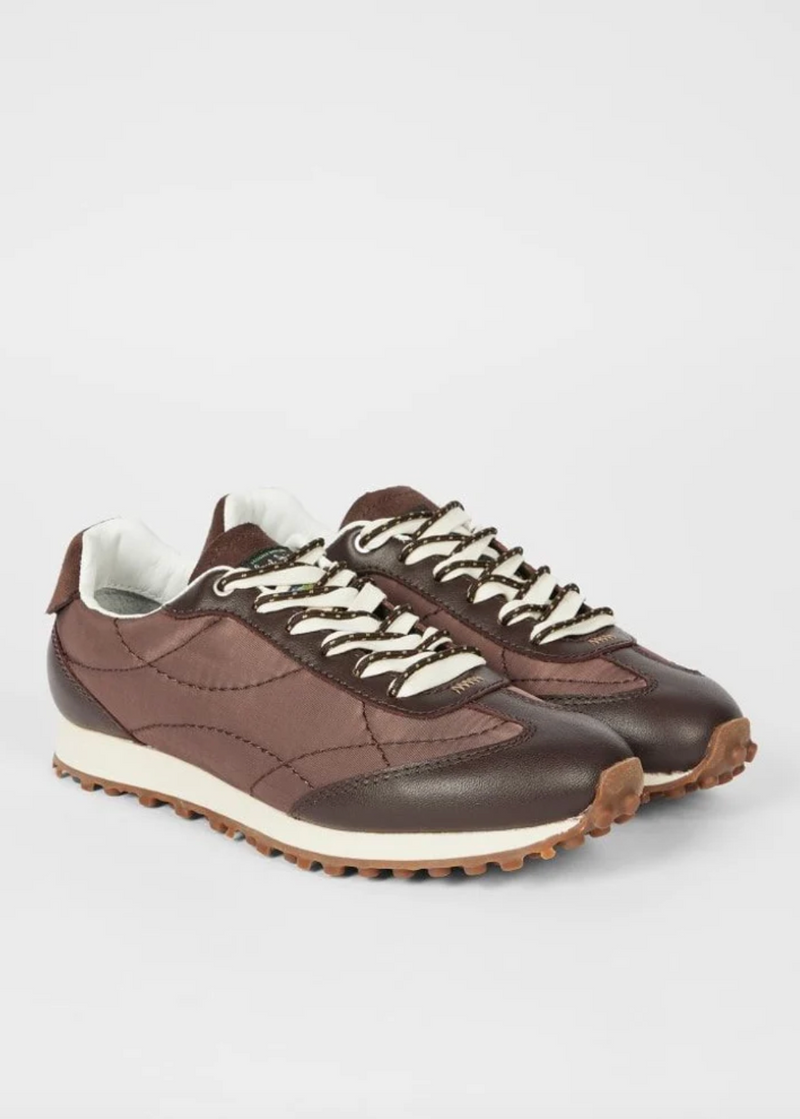 A pair of Paul Smith Senzi low-top brown leather sneakers with cream laces and a white midsole available at The Shoe Gallery