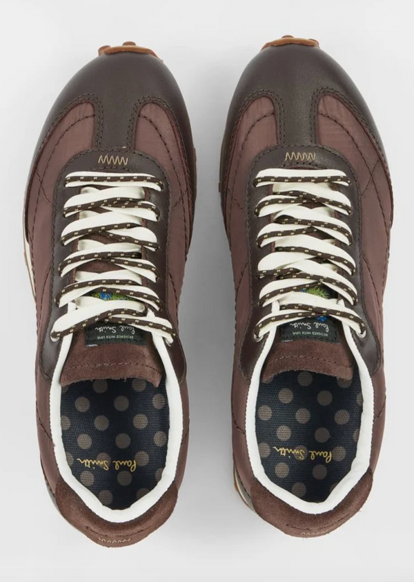A pair of Paul Smith Senzi low-top brown leather sneakers with cream laces and a white midsole available at The Shoe Gallery viewed from above