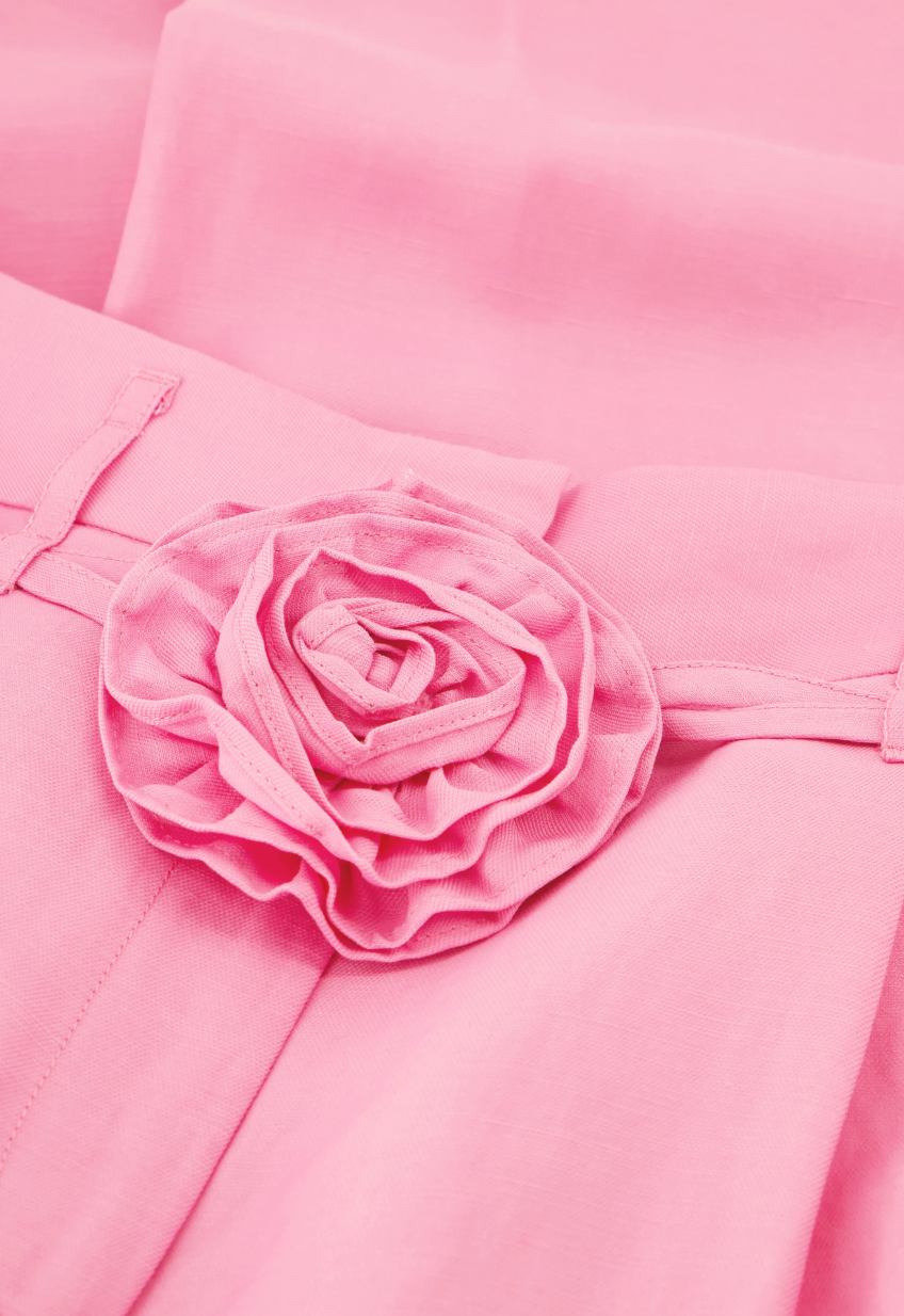 corsage detail of pink linen mix Fabienne Chapo wide leg pants