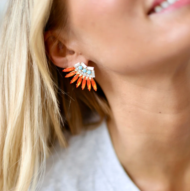 Tangerine Turquoise Feather Earrings