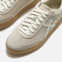 FitFop Dash trainer in Hazy Taupe Suede with off-white laces and branding, and gum soles.