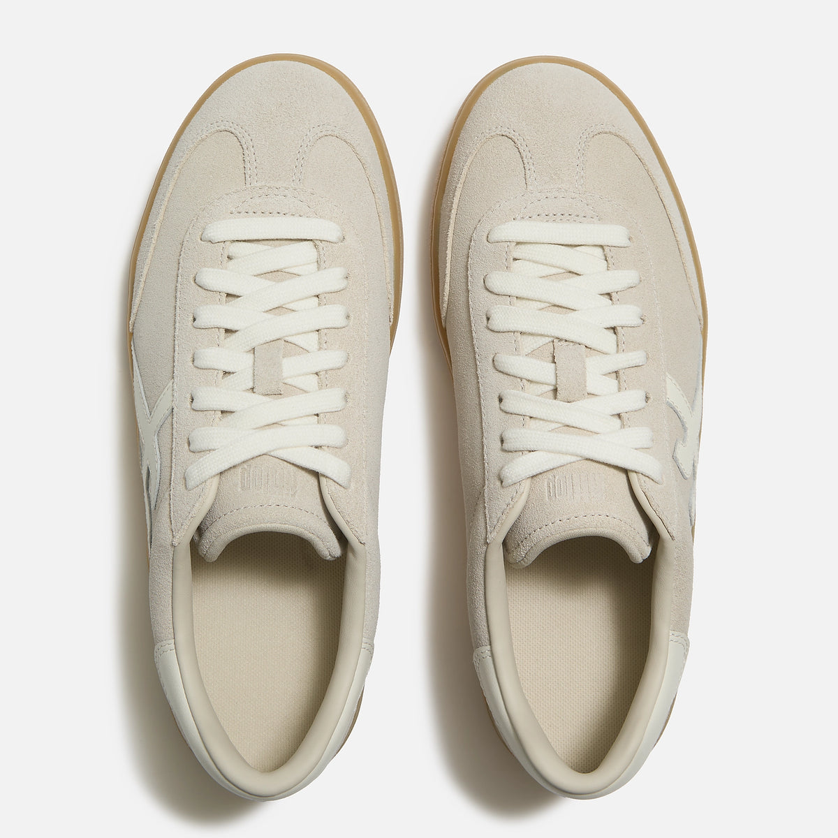 FitFop Dash trainer in Hazy Taupe Suede with off-white laces and branding, and gum soles, overhead viewpoint