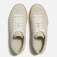 FitFop Dash trainer in Hazy Taupe Suede with off-white laces and branding, and gum soles, overhead viewpoint