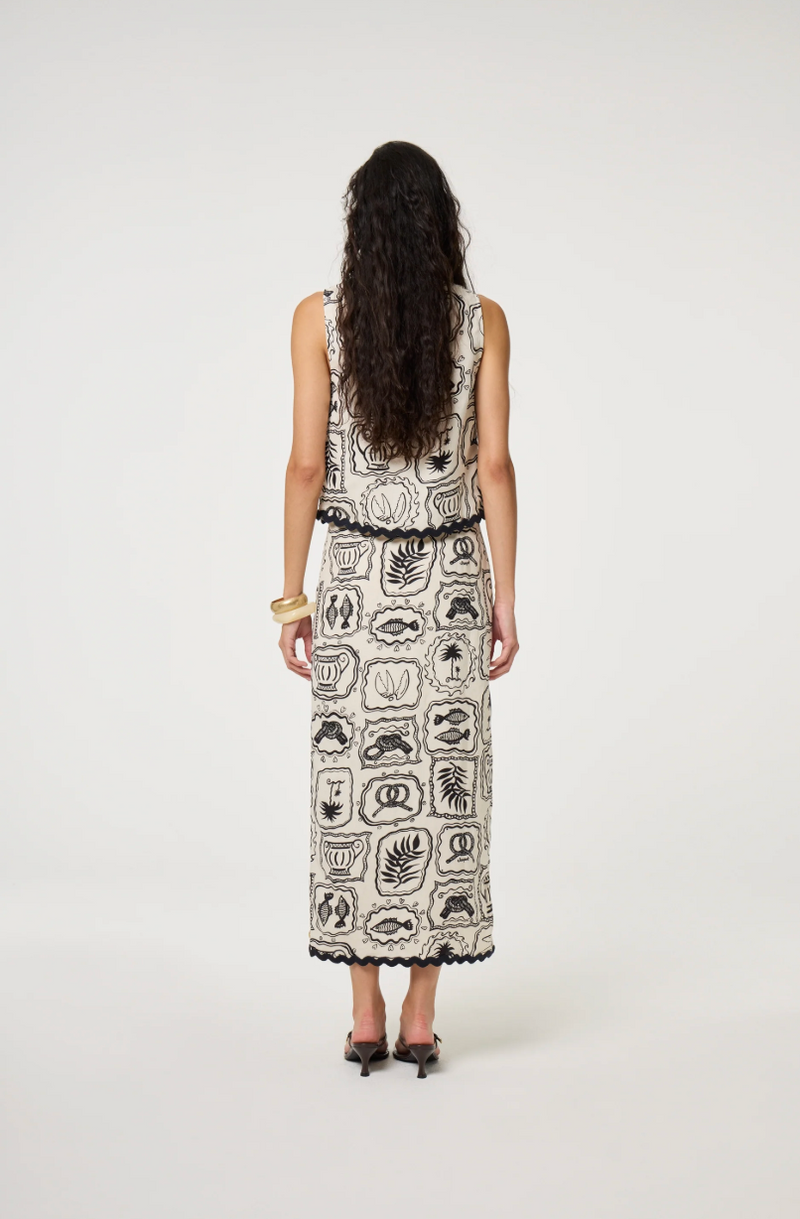 Models wears a wrap style skirt in black and white tile pattern edged with black rick rack by Fabienne Chapot, back view