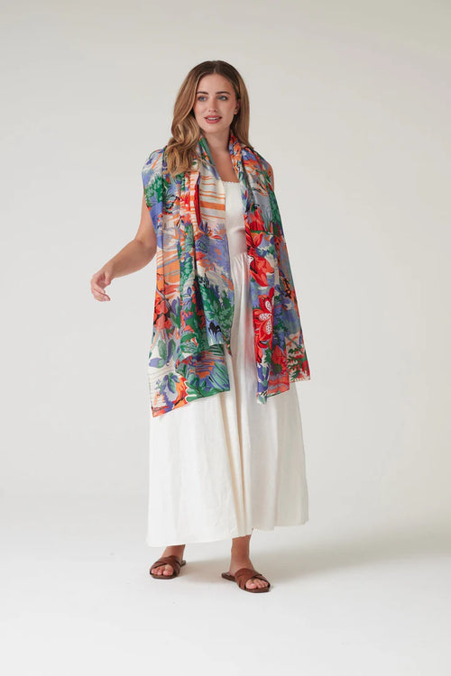 Model wears Tropicana Scarf by One Hundred Stars available at The SHOE GALLERY