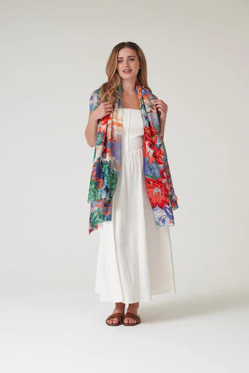 Model wears Tropicana Scarf by One Hundred Stars available at The SHOE GALLERY