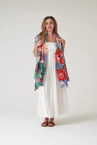 Model wears Tropicana Scarf by One Hundred Stars available at The SHOE GALLERY