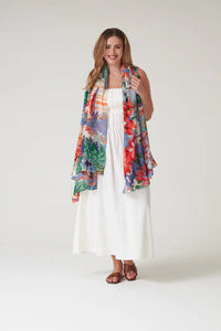 Model wears Tropicana Scarf by One Hundred Stars available at The SHOE GALLERY