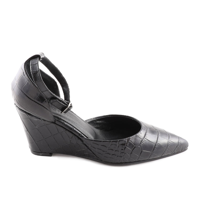 Chiela Black Croc Leather Wedge