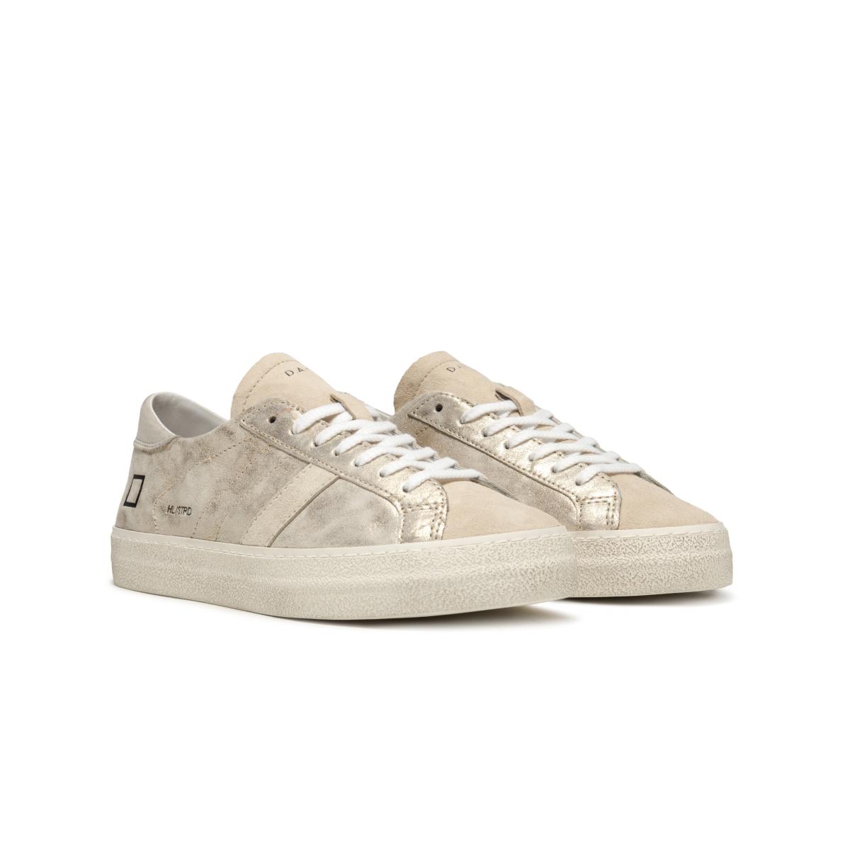 Hill Low Leather Trainers Stardust Platinum Beige Suede Heel