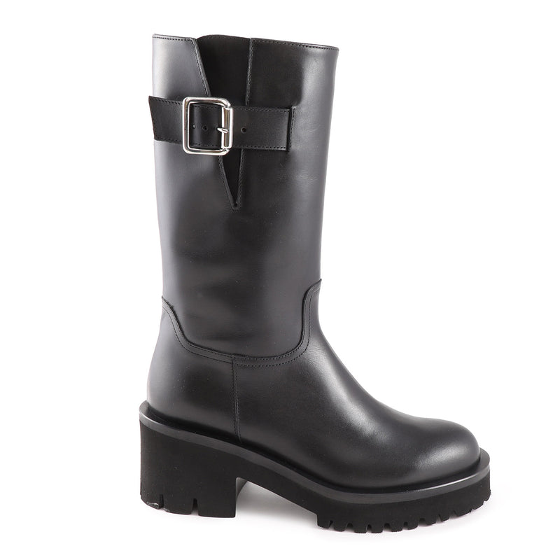 Cherry Chunky Black Leather Biker Boot