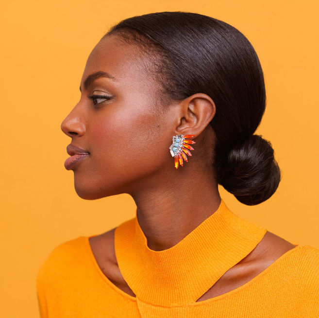 Tangerine Turquoise Feather Earrings