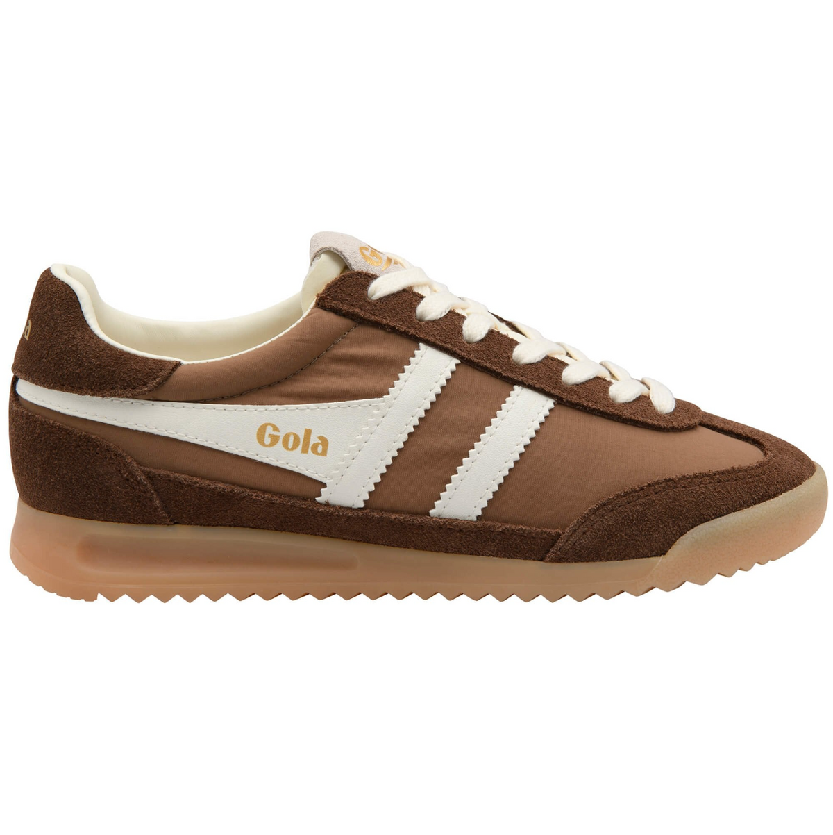 A brown suede and mesh low-top sneaker with white side stripes, white laces, and gold 'Gola' branding on the side, available at The SHOE GALLERY