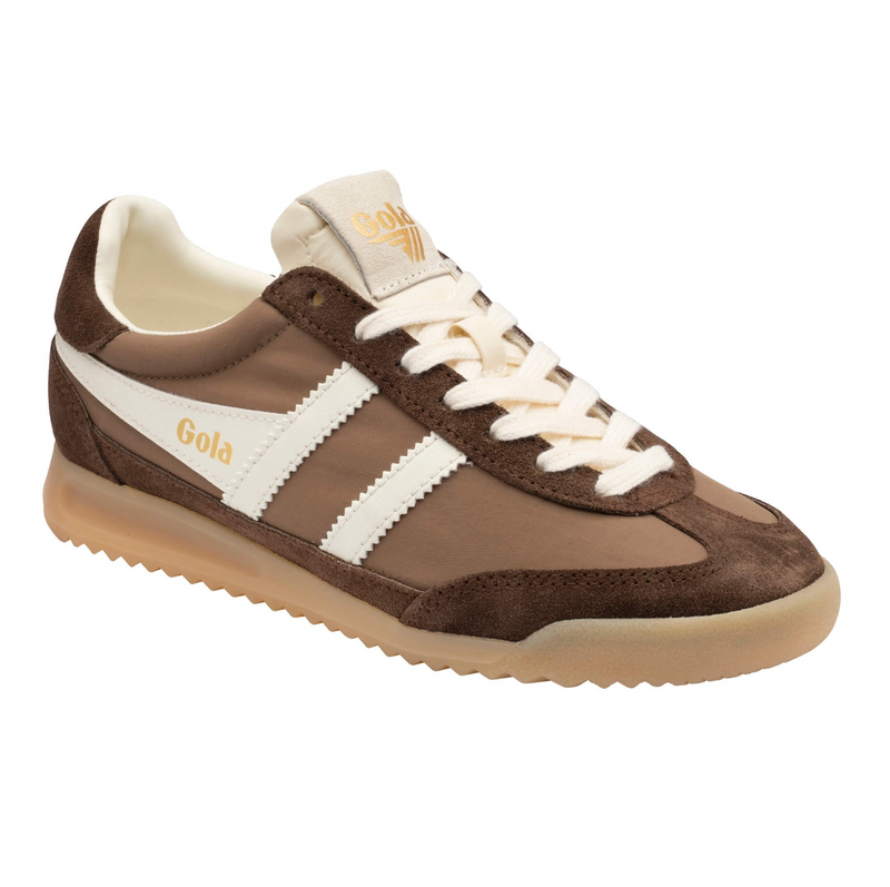 A brown suede and synthetic leather sneaker with white-coloured stripes, laces, and collar, featuring gold 'Gola' branding on the side and tongue, available at The SHOE GALLERY