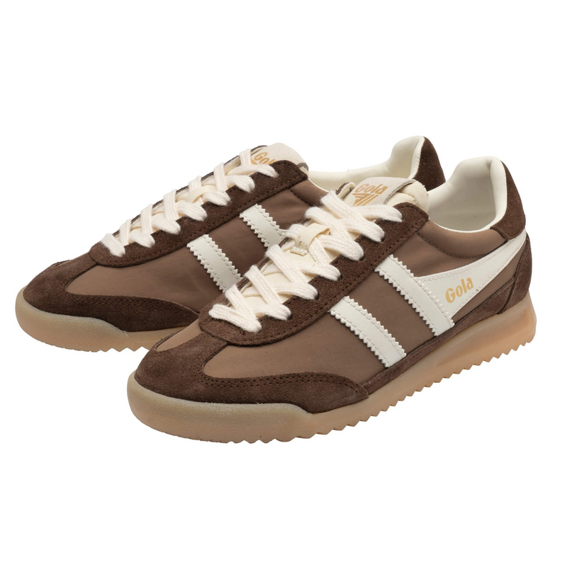 A pair of retro-style low-top sneakers in brown suede and smooth brown panels, with off-white side stripes, off-white laces, and gold 'GOLA' branding on the side and tongue available at The SHOE GALLERY