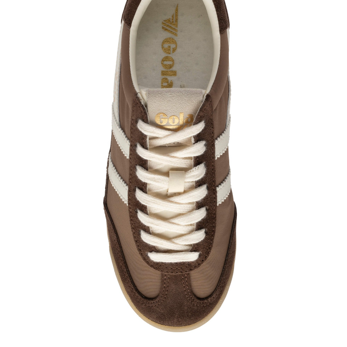 A top-down view of a brown suede and mesh sneaker with off-white laces and side stripes, featuring a gold 'Gold' logo on the tongue and insole available at The SHOE GALLERY