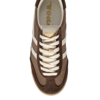 A top-down view of a brown suede and mesh sneaker with off-white laces and side stripes, featuring a gold 'Gold' logo on the tongue and insole available at The SHOE GALLERY