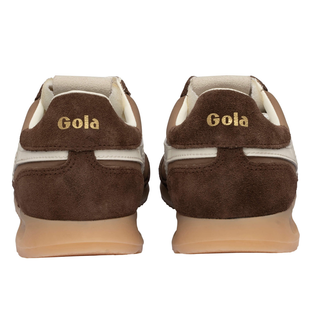 A pair of brown suede sneakers shown from the back, featuring a beige heel tab with 'Gola' embroidered in gold, white side stripes, and a beige midsole and gum sole available at The SHOE GALLERY