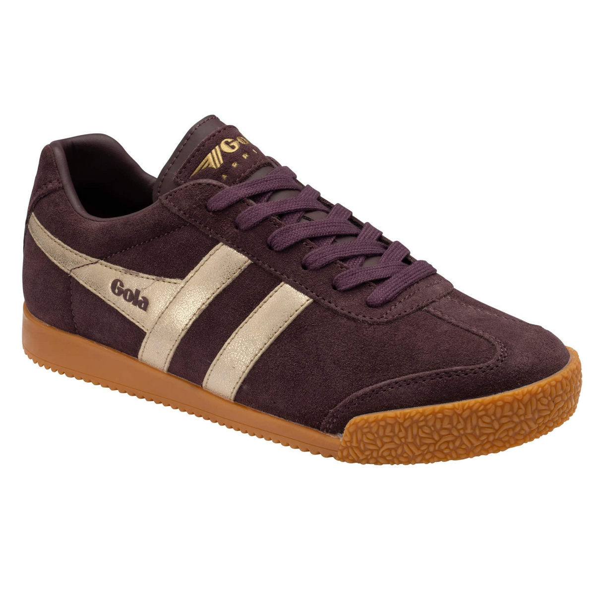 A  Gola Harrier low-top trainer in dark brown  plumb suede with gold side stripes, tonal laces, and a textured gum sole, available at The SHOE GALLERY