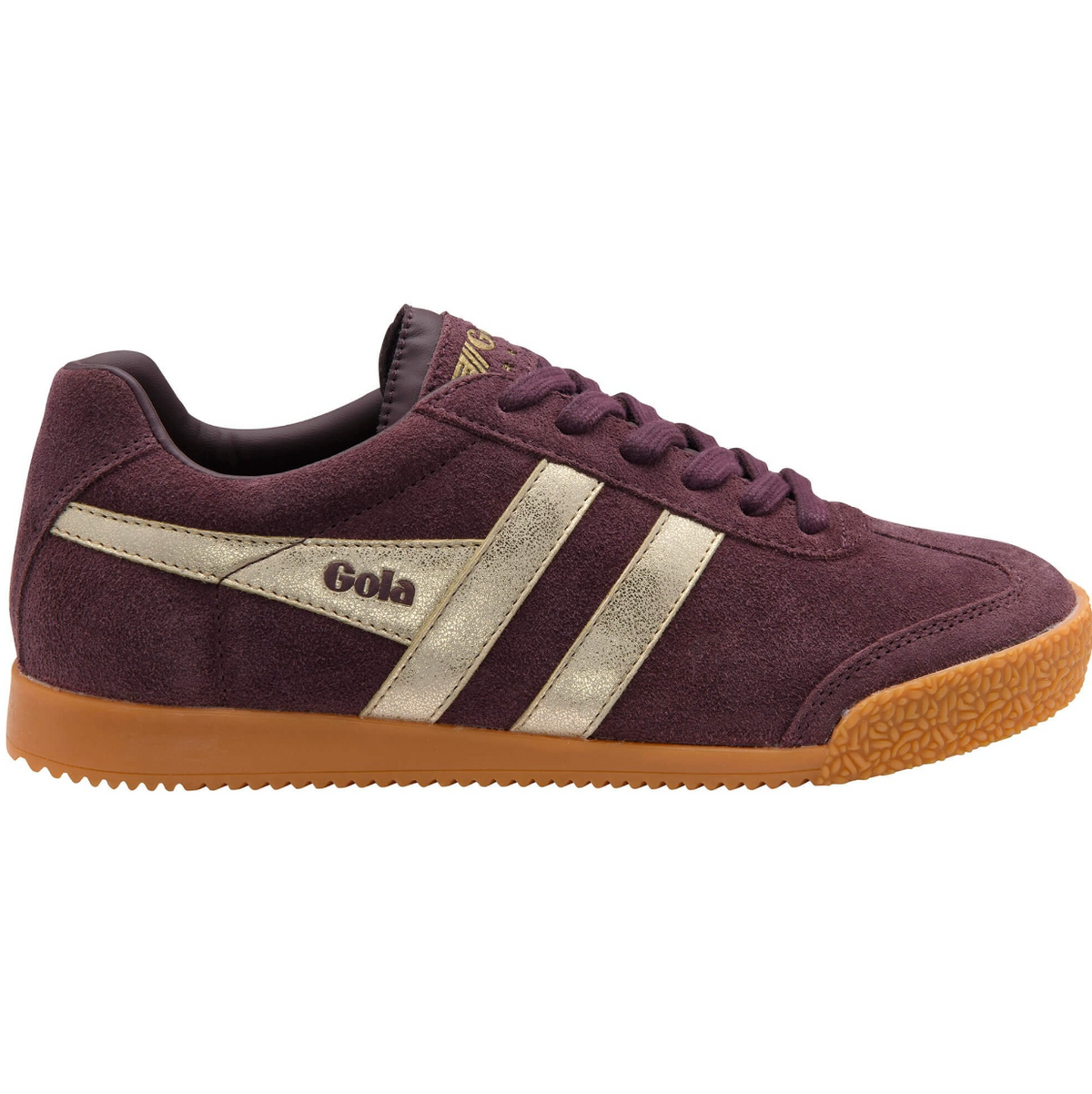 A  Gola Harrier low-top trainer in dark brown  plumb suede with gold side stripes, tonal laces, and a textured gum sole, available at The SHOE GALLERY