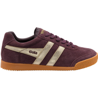 A  Gola Harrier low-top trainer in dark brown  plumb suede with gold side stripes, tonal laces, and a textured gum sole, available at The SHOE GALLERY