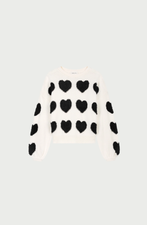 Heart Pullover Cosy White Black Ink