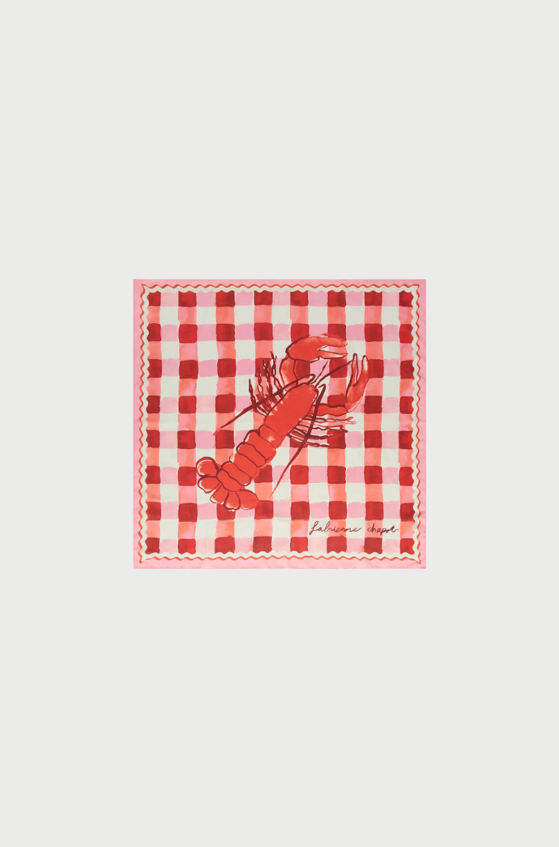 Fabienne Chapot's Lovely Loster scarf with red checked background and zig zag edging and central large lobster.