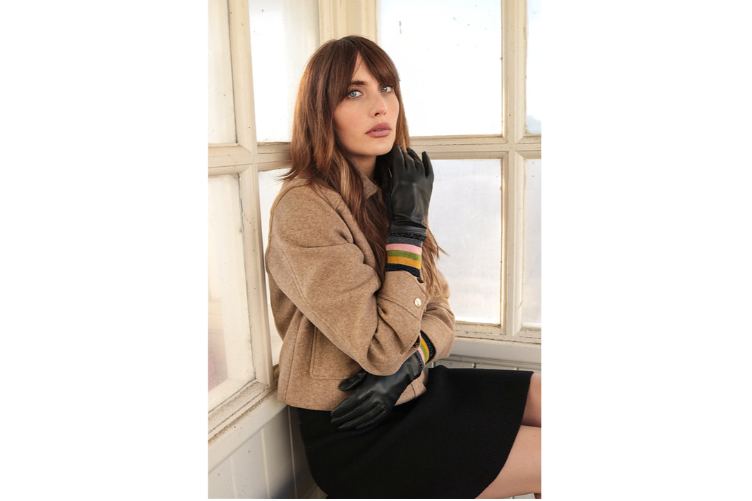Lurex Cuff Black Leather Gloves
