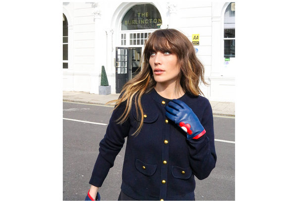 Navy Daisy Leather Gloves