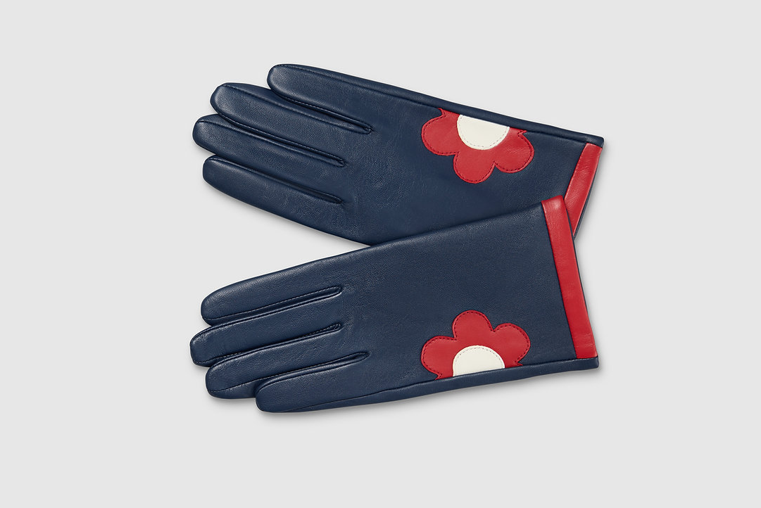 Navy Daisy Leather Gloves