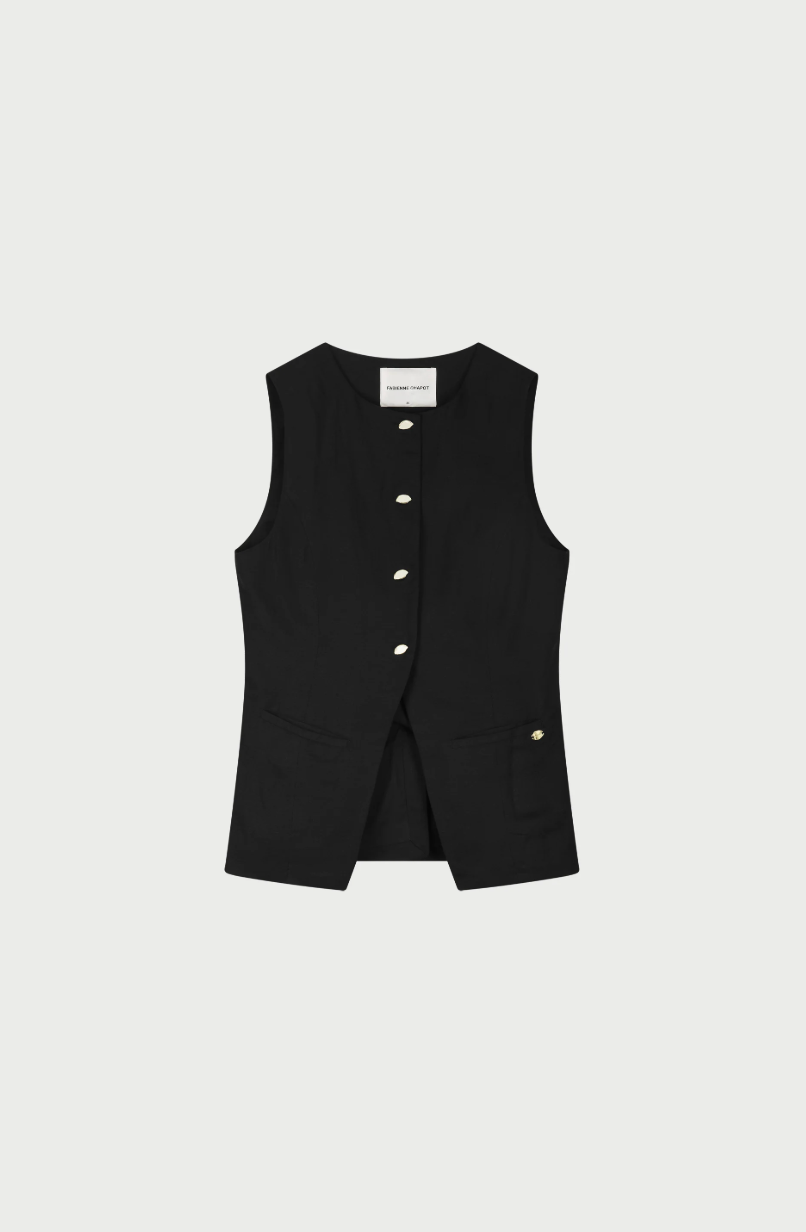  black round necked Fabienne Chapot waistcoat with small cream buttons