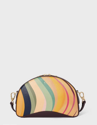 A Paul Smith dusky swirl  striped bag in a camera bag style. Centre gold coloured zip and deep burgundy across body strap, available at The Shoe  Gallery
