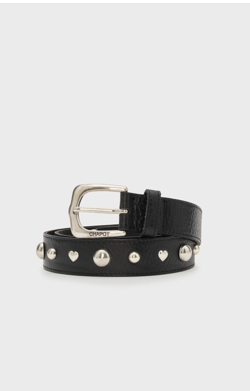 Black  belt by Fabienne Chapot with silver ball and heart studs and buckle