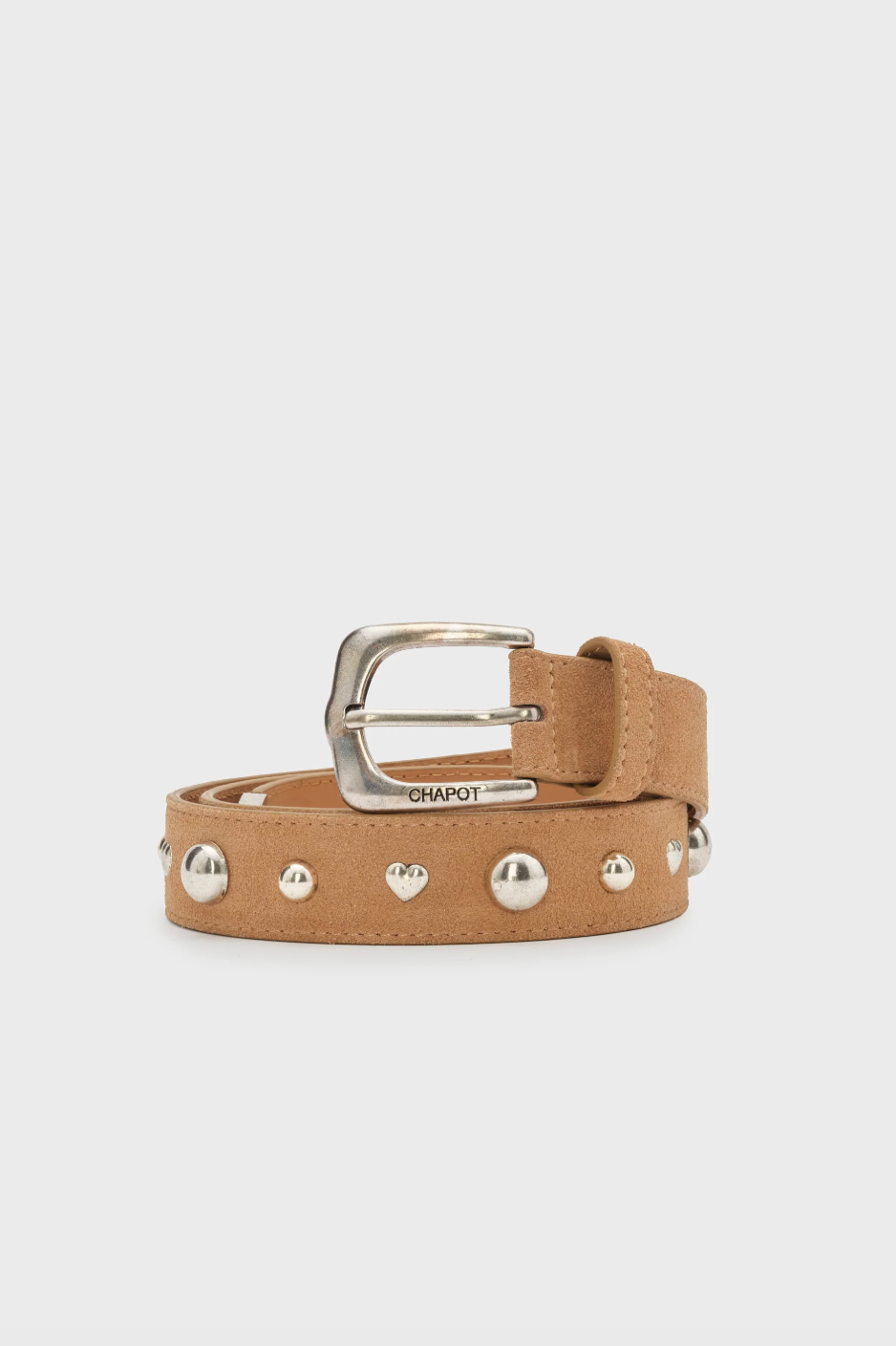 Beige suede Fabienne Chapot belt with silver buckle and studs 