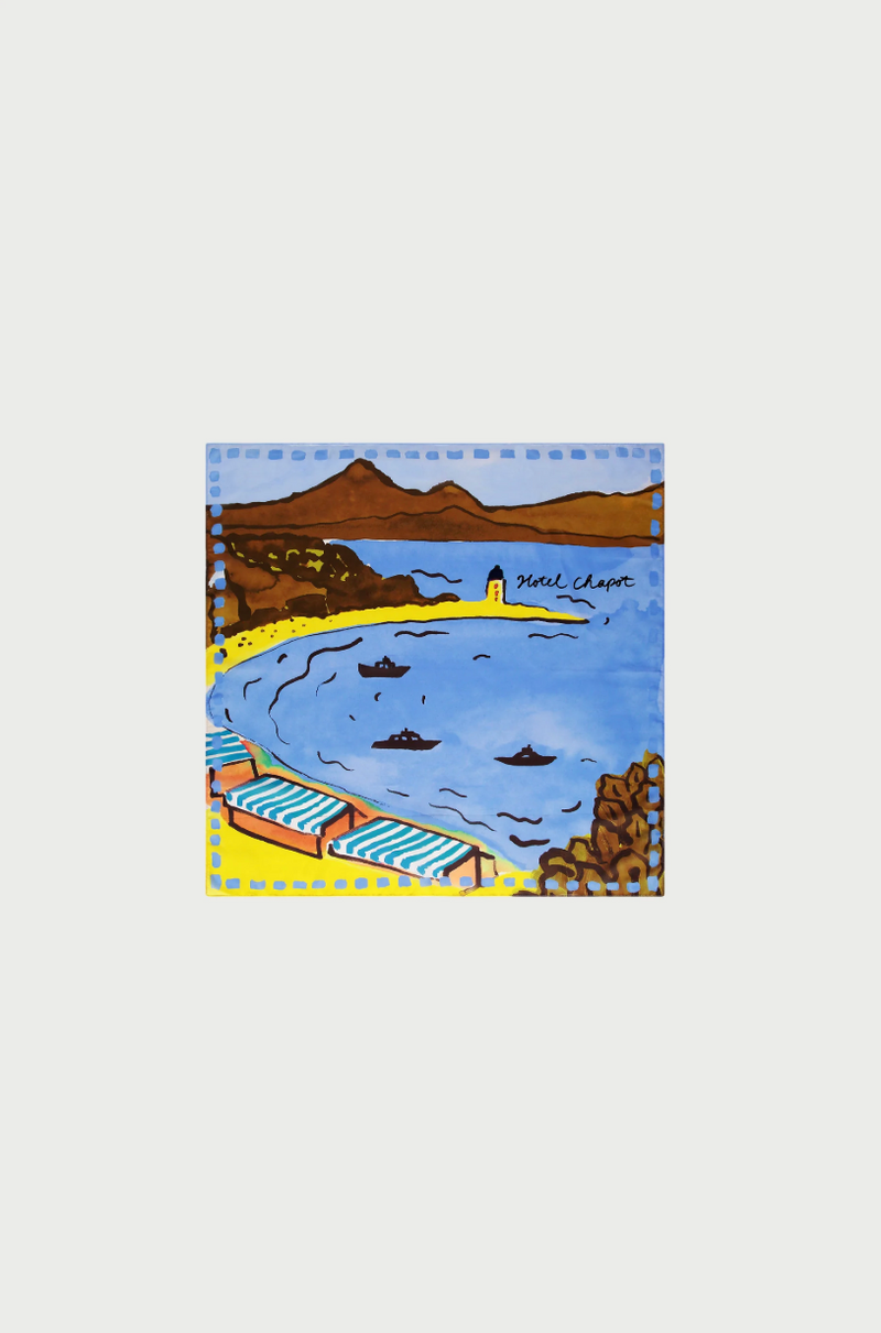 Fabienne Chapot large scarf featuring a painting of a coastal scene with boats, a lighthouse, and mountains 