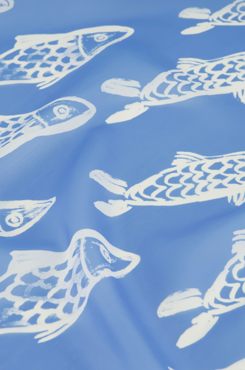 Blue Fabienne Chapot scarf School-of-fishes in blue with white sketch style fishes print - detail
