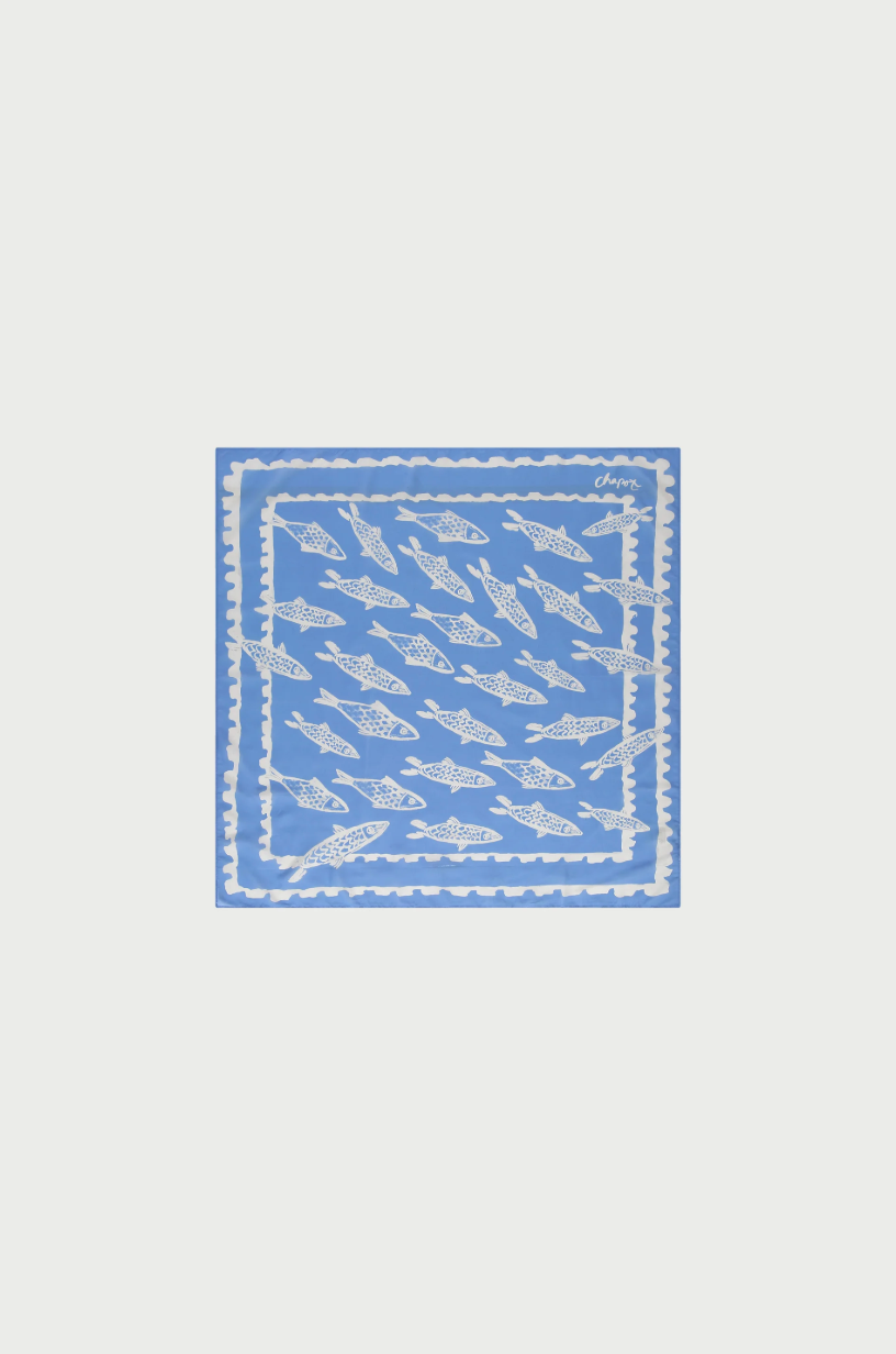 Blue Fabienne Chapot scarf School-of-fishes in blue with white sketch style fishes print
