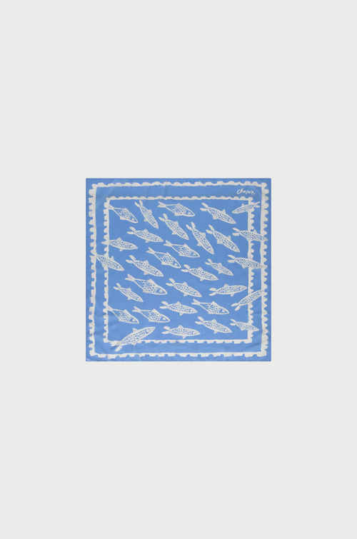 Blue Fabienne Chapot scarf School-of-fishes in blue with white sketch style fishes print
