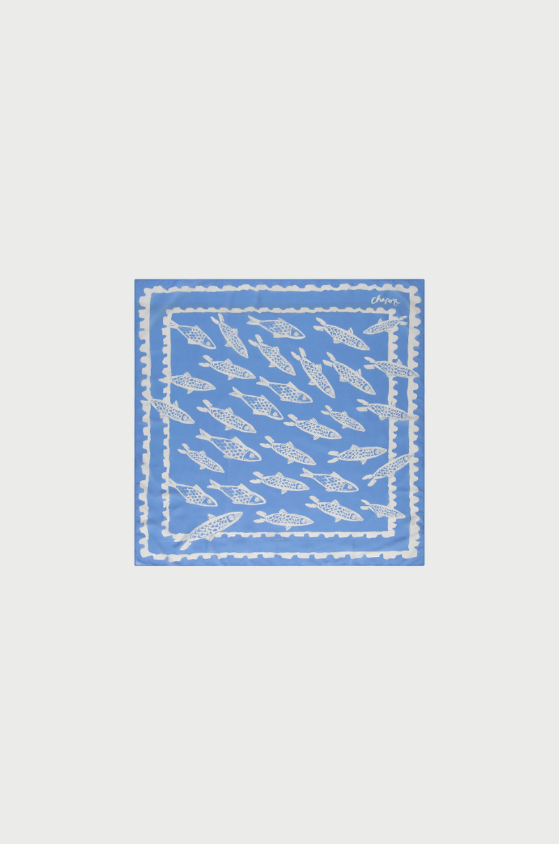 Blue Fabienne Chapot scarf School-of-fishes in blue with white sketch style fishes print