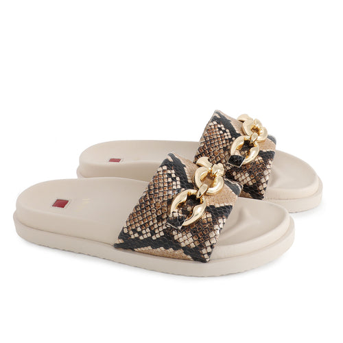 Beige Hogl sandals with snake print and gold chain detail on a white background