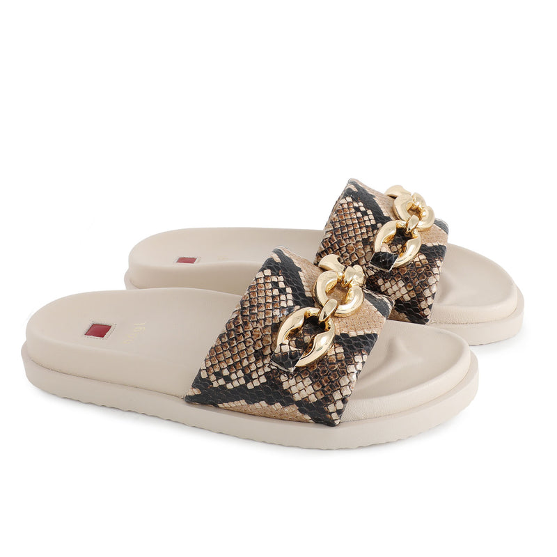 Beige Hogl sandals with snake print and gold chain detail on a white background