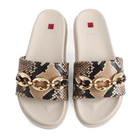 Beige Hogl sandals with snake print and gold chain detail on a white background