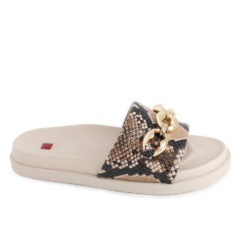 Beige Hogl sandals with snake print and gold chain detail on a white background