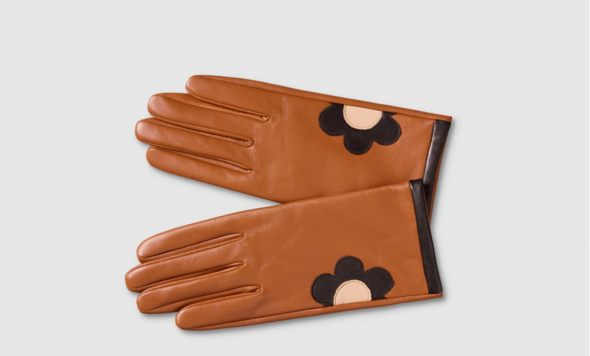 Tan Black Daisy Leather Gloves
