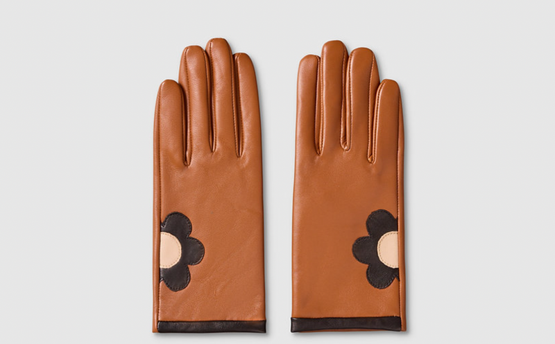 Tan Black Daisy Leather Gloves