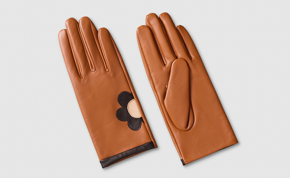 Tan Black Daisy Leather Gloves