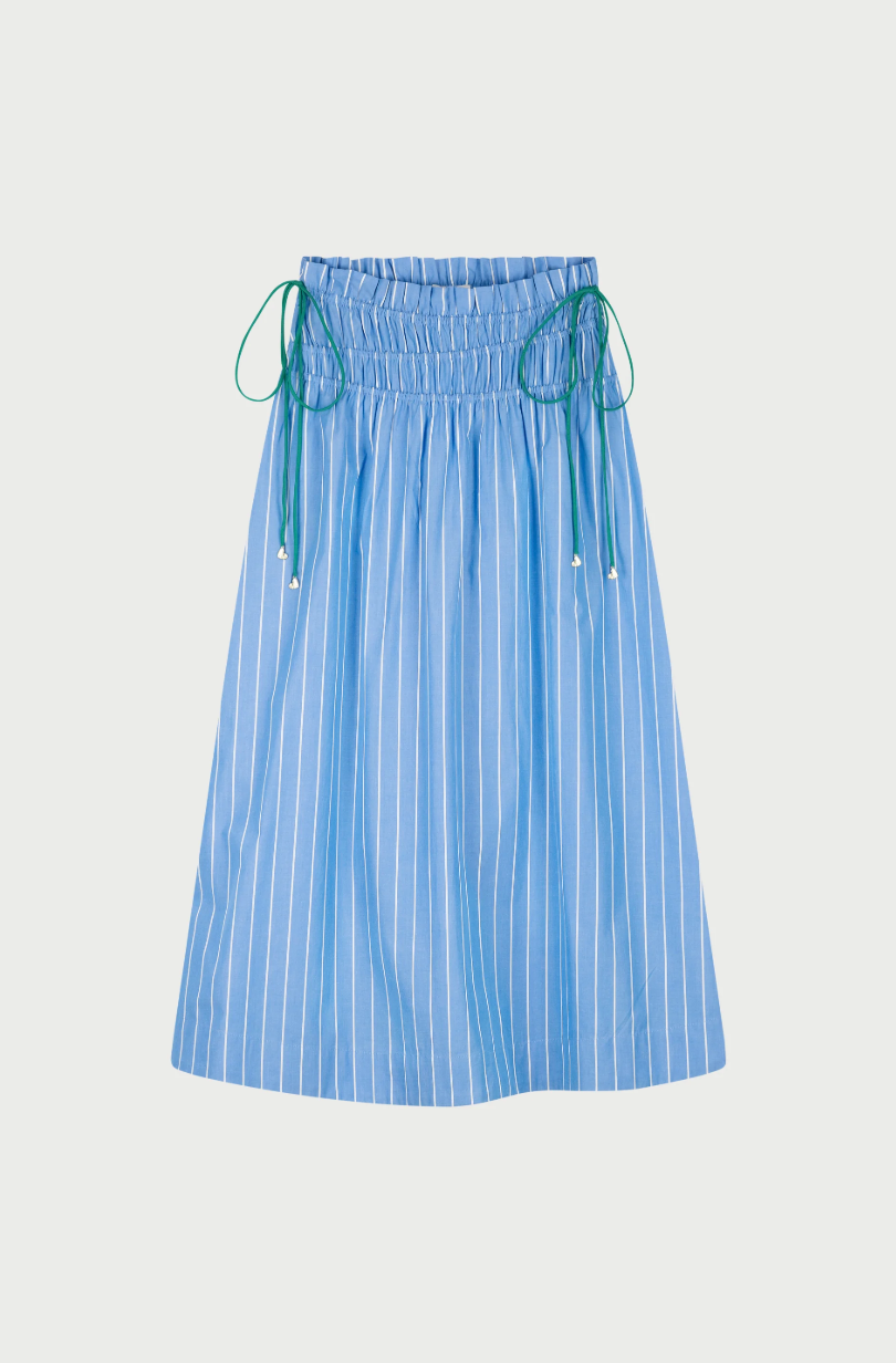 Fabienne Chapot Blue striped skirt with ruched drop waist and green tires