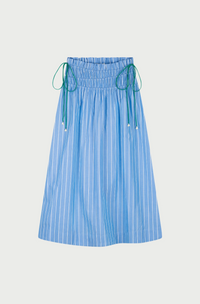 Fabienne Chapot Blue striped skirt with ruched drop waist and green tires