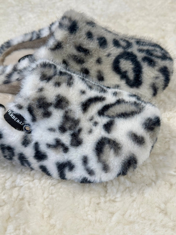 York Leopard Faux Fur Mule Slippers Grey